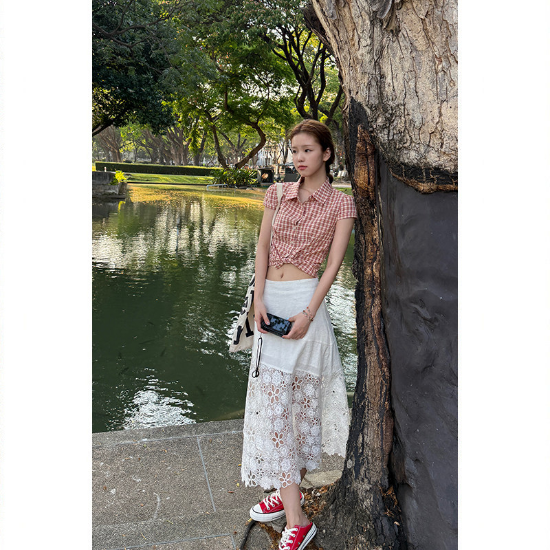 Tuuuh рубашка женская клетчатая с отложным воротником короткая с коротким рукавом весна-лето корейский стиль приталенная офисная блузка