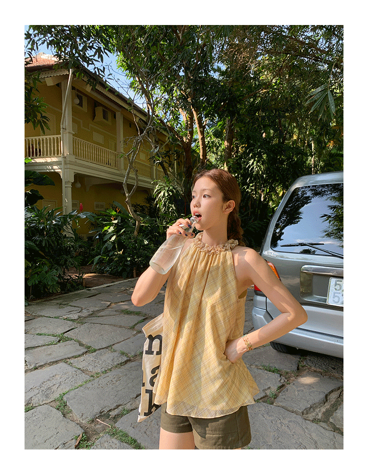 Tuuuh платье женское летнее французское ретро с завязками на шее в клетку свободное универсальное для отпуска