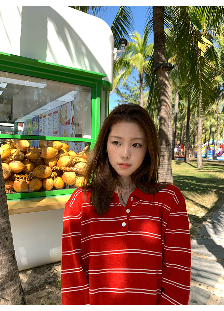 Tuuuh женский красный вязаный свитер с воротником поло в полоску, корейский стиль, винтаж, повседневный, стройнящий