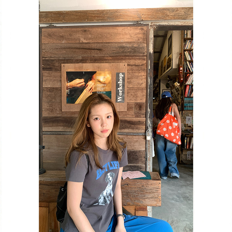 Tuuuh футболка женская с принтом собачки свободная с коротким рукавом 2026 летняя новинка американский ретро стиль