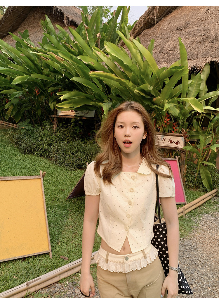 Tuuuh рубашка женская с коротким рукавом и воротником-стойкой в горошек приталенная летняя