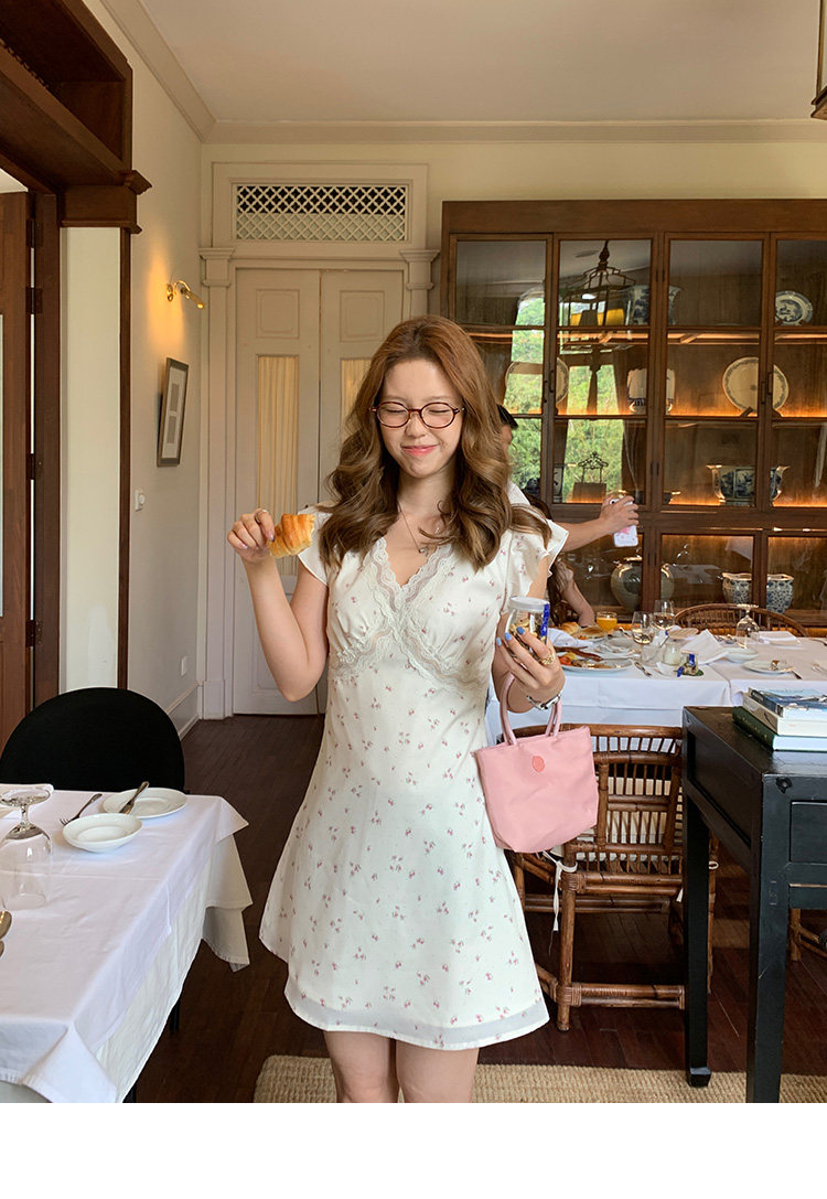 Tuuuh летнее платье с цветочным принтом, V-образный вырез, кружевные вставки, короткие рукава