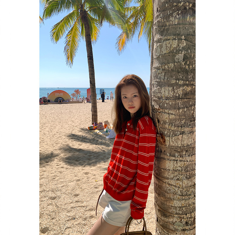 Tuuuh Picture Book Red Polo Collar Knit Sweater for Women, Spring and Autumn Korean Style Retro Striped Casual Slimming Top