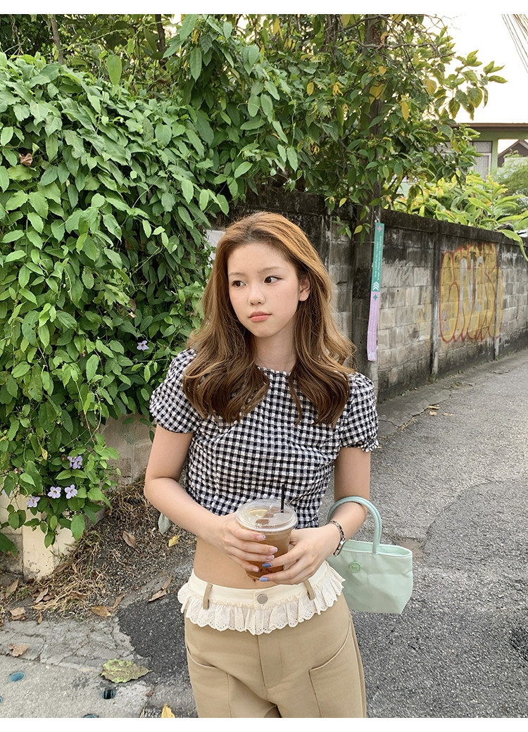 Tuuuh рубашка женская клетчатая с пуфовыми рукавами приталенная короткая блузка летняя