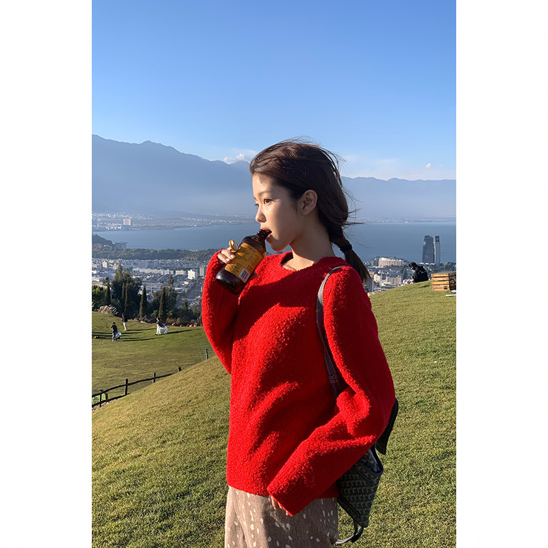 Tuuuh Picture Book Round-Neck Red Sweater for Women, Suitable for New Year, Christmas, Autumn and Winter, Vintage, Warm, Versatile Knit Top
