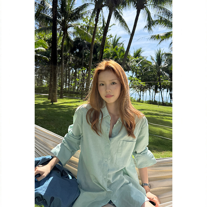 Tuuuh Picture Book【Light Blue Evening Breeze】Mint Green Loose Lapel Shirt for Women, Korean Style Linen Versatile Top