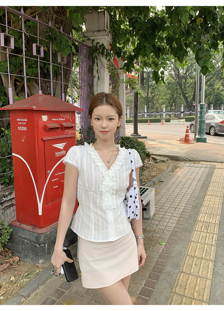 Tuuuh женская белая рубашка с французскими рюшами летняя V-образный вырез приталенная универсальная короткий рукав блузка