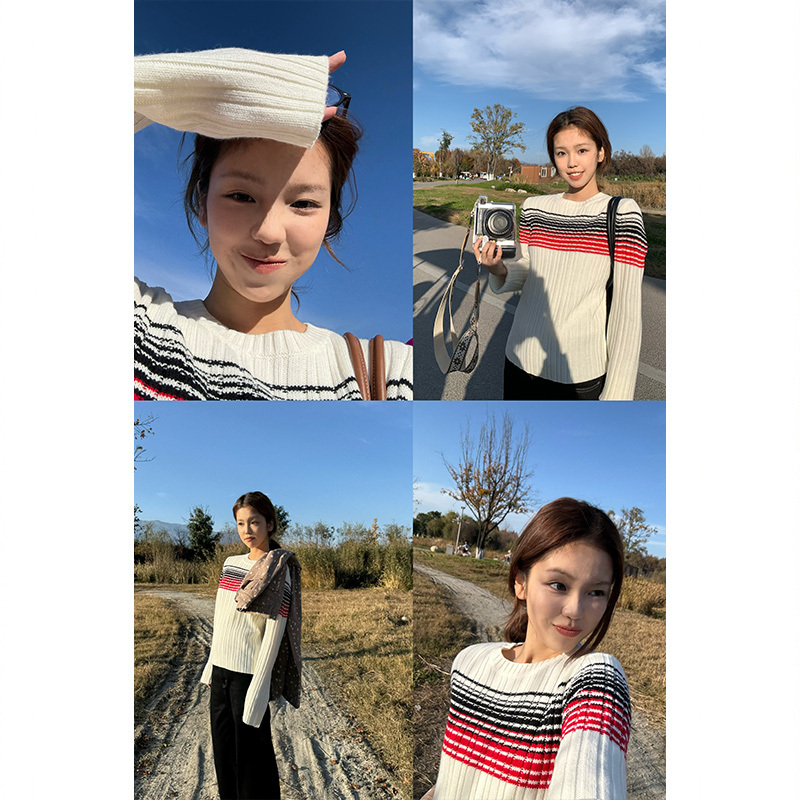 Tuuuh Picture Book Style Color-Block Striped Crew Neck Sweater for Women, Autumn and Winter Vintage Versatile Knit Inner Top Tuuuh Picture Book Style Color-Block Striped Crew Neck Sweater for Women, Autumn and Winter Vintage Versatile Knit Inner Top