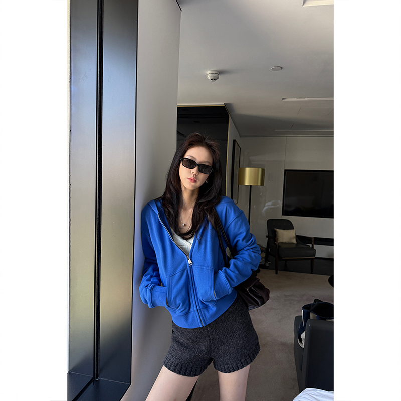 Tuuuh Picture Book [Klein Blue Guard] Klein Blue Hooded Zip-Up Sweatshirt for Women, Autumn Loose Pocket Jacket