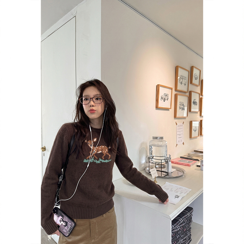 Tuuuh Picture Book 【Brown Deer】 Brown Deer Jacquard Sweater Autumn and Winter Korean Style Women's Slimming Knitwear Tuuuh Picture Book 【Brown Deer】 Brown Deer Jacquard Sweater Autumn and Winter Korean Style Women's Slimming Knitwear