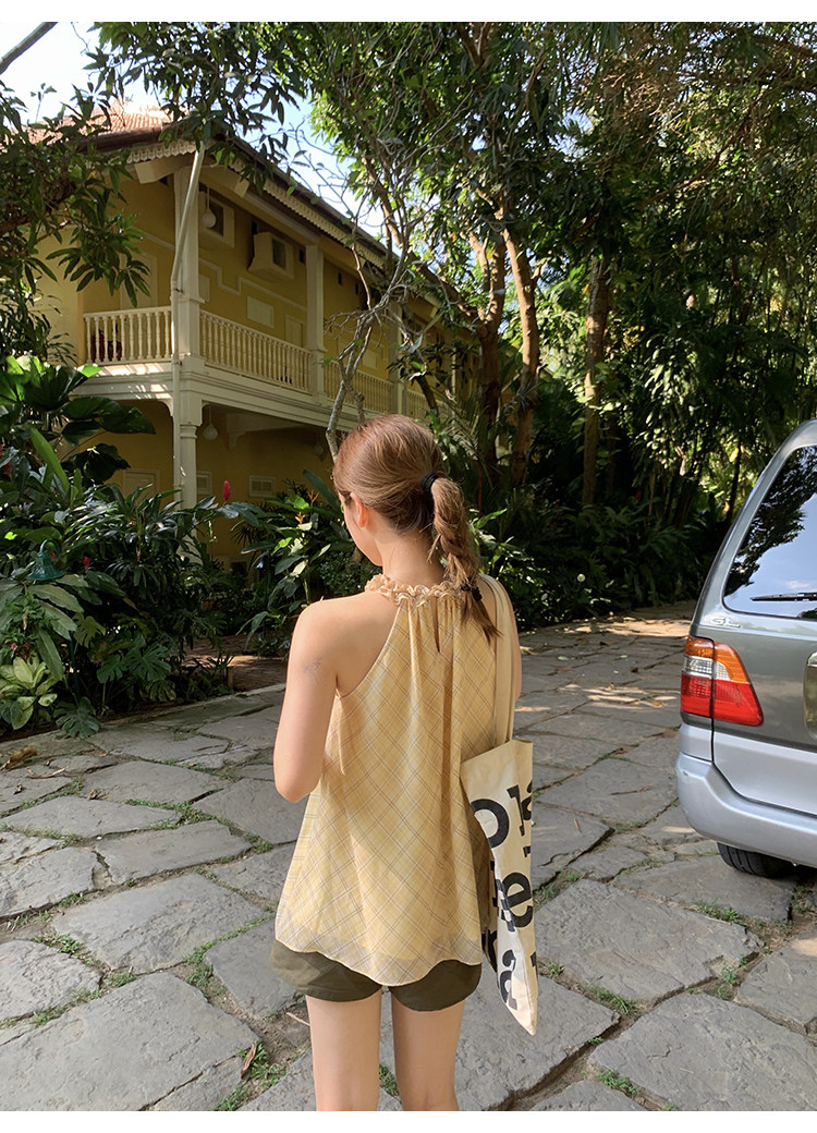 Tuuuh платье женское летнее французское ретро с завязками на шее в клетку свободное универсальное для отпуска