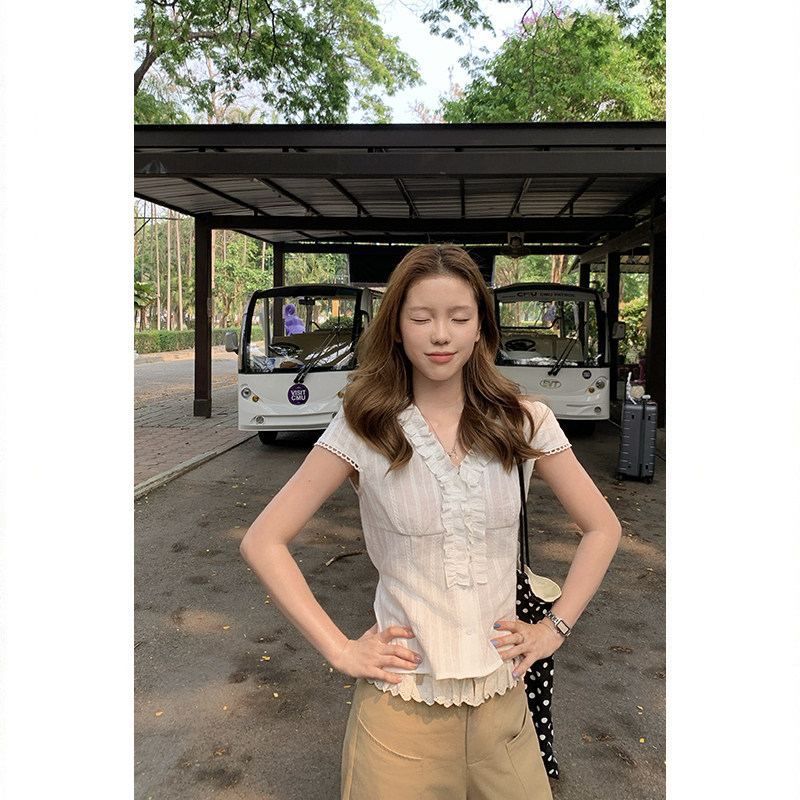 Tuuuh женская белая рубашка с французскими рюшами летняя V-образный вырез приталенная универсальная короткий рукав блузка
