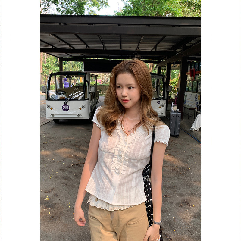 Tuuuh женская белая рубашка с французскими рюшами летняя V-образный вырез приталенная универсальная короткий рукав блузка