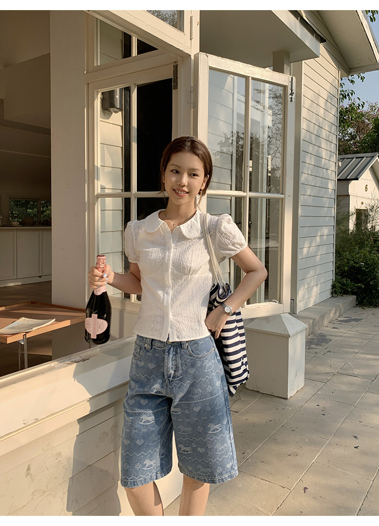 Tuuuh блузка белая с кукольным воротником и рукавами-буфами женская весна-лето французская кружевная жаккардовая милая рубашка