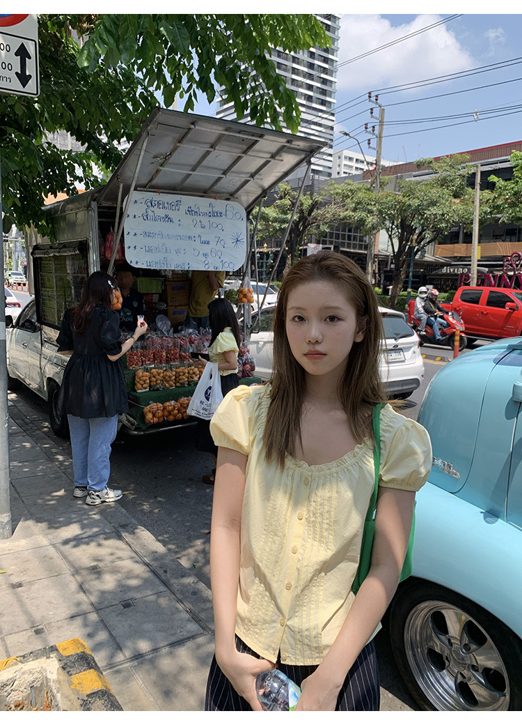 Tuuuh рубашка женская с короткими рукавами и квадратным вырезом со складками светло-желтая нежного стиля