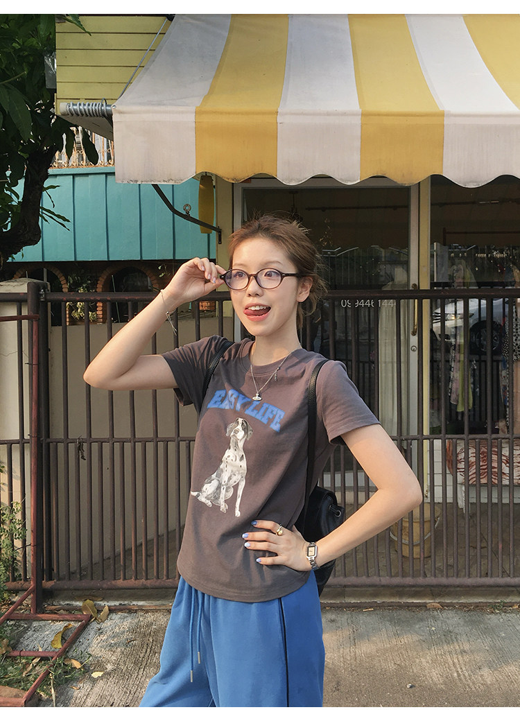 Tuuuh футболка женская с принтом собачки свободная с коротким рукавом 2026 летняя новинка американский ретро стиль
