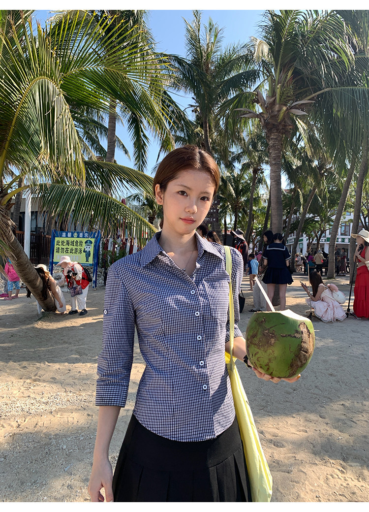 Tuuuh рубашка женская с рукавами три четверти отложным воротником весна-осень корейский стиль повседневная стройнящая универсальная в клетку