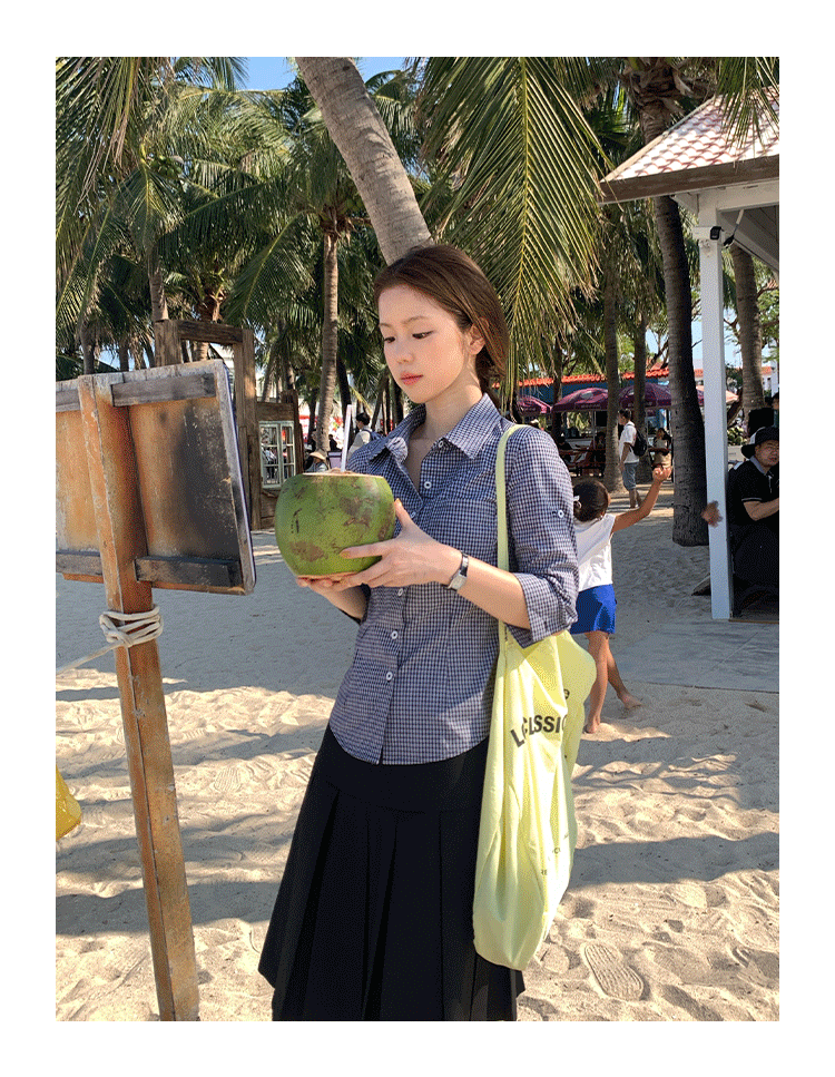 Tuuuh рубашка женская с рукавами три четверти отложным воротником весна-осень корейский стиль повседневная стройнящая универсальная в клетку