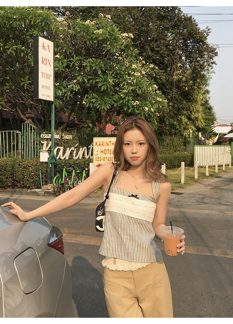 Tuuuh майка женская с квадратным вырезом в полоску без рукавов приталенная летняя