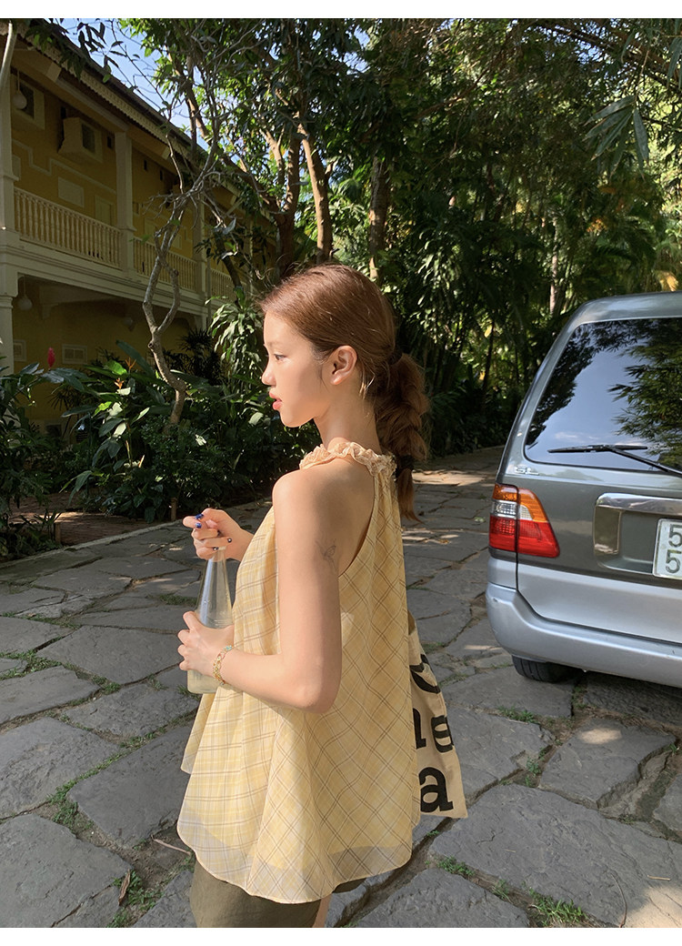 Tuuuh платье женское летнее французское ретро с завязками на шее в клетку свободное универсальное для отпуска