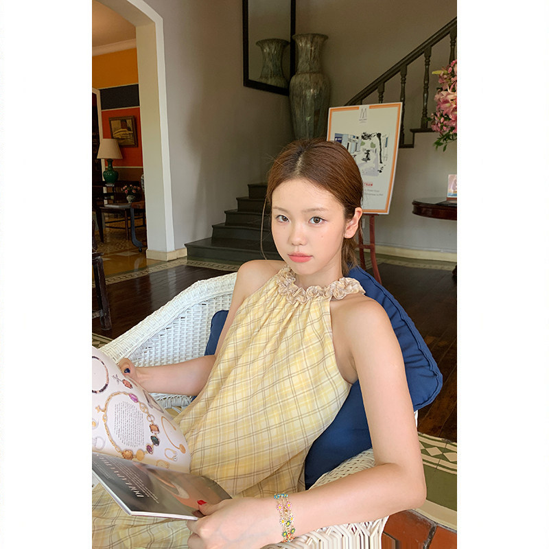 Tuuuh платье женское летнее французское ретро с завязками на шее в клетку свободное универсальное для отпуска