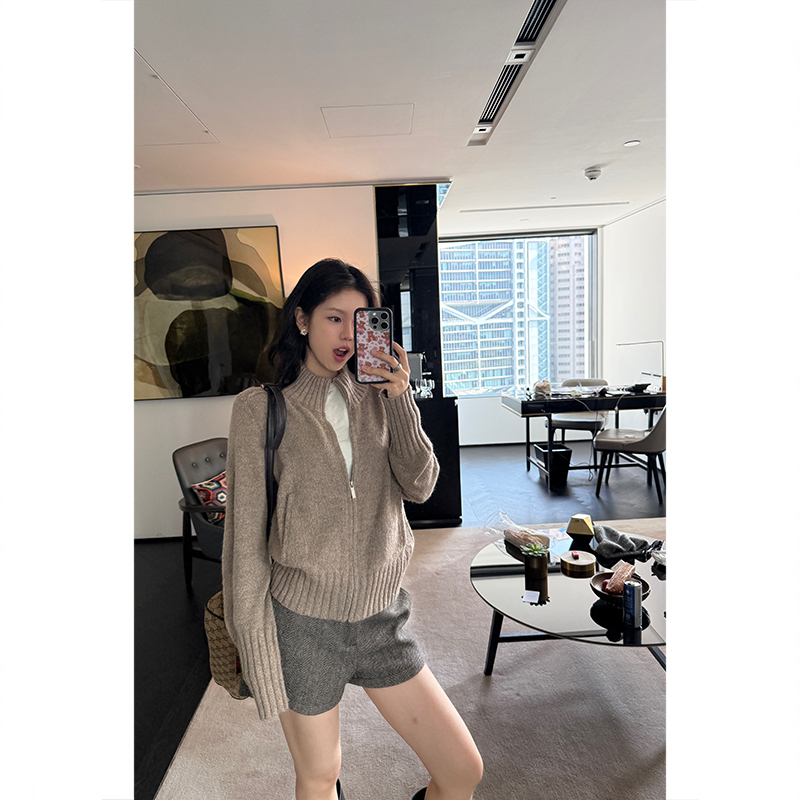 Tuuuh Picture Book [Rio Art] Sheep Wool Khaki Sweater Jacket Women's Autumn Stand Collar Warm Top