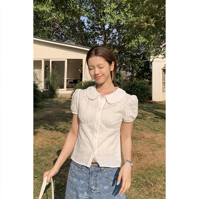 Tuuuh блузка белая с кукольным воротником и рукавами-буфами женская весна-лето французская кружевная жаккардовая милая рубашка
