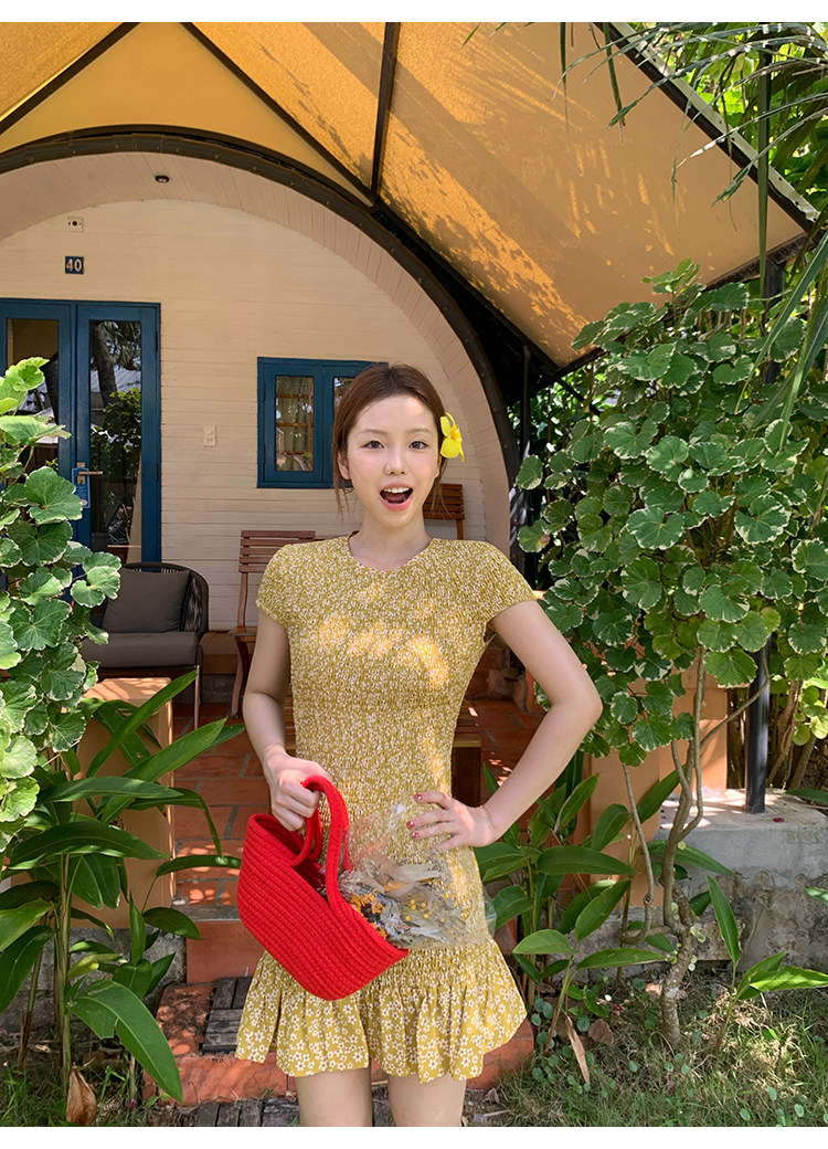 Tuuuh платье с цветочным принтом женское летнее стройнящее с поясом французское ретро миди желтое платье