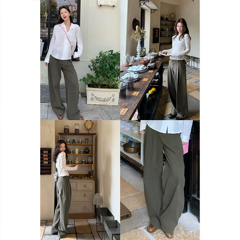 Tuuuh Picture Book [Military Green Wide-Leg] Military Green High-Waisted Pleated Cotton Wide-Leg Casual Pants Versatile Long Pants