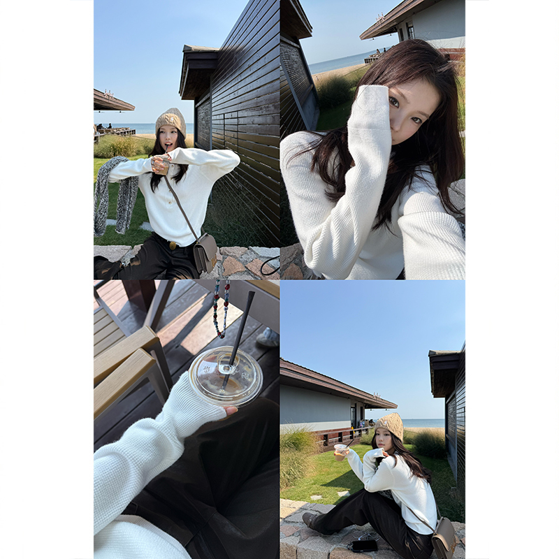 Tuuuh Picture Book [Hua Ge Xiaoshan] White Round-Neck Waffle Knit Sweater for Women, Autumn Slim-Fit Long-Sleeve Top