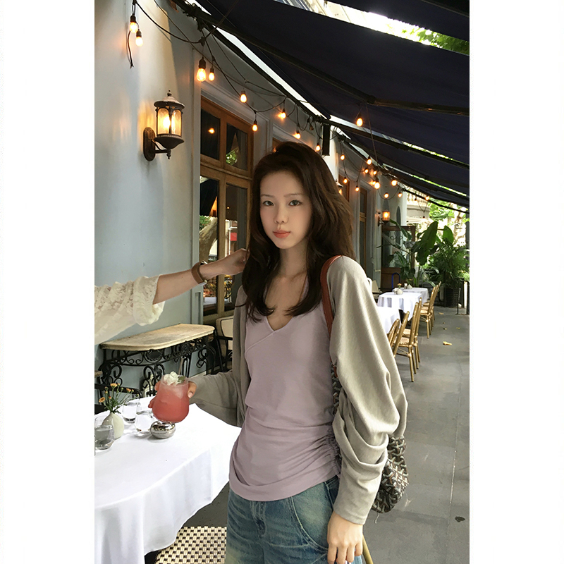 Tuuuh Picture Book [Gray-Purple Layered Look] Gray-Purple Two-Piece Set of Knitted Cardigan and Vest for Layering