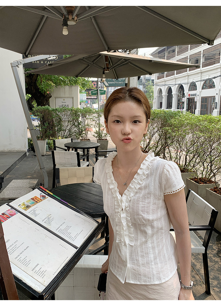 Tuuuh женская белая рубашка с французскими рюшами летняя V-образный вырез приталенная универсальная короткий рукав блузка