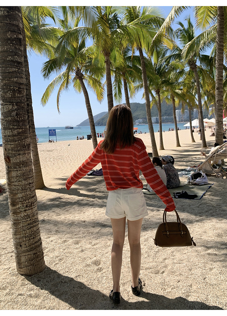 Tuuuh женский красный вязаный свитер с воротником поло в полоску, корейский стиль, винтаж, повседневный, стройнящий