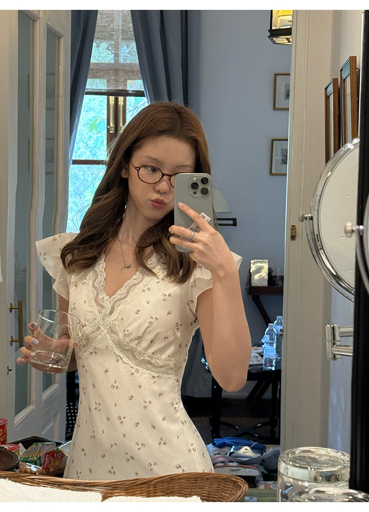 Tuuuh летнее платье с цветочным принтом, V-образный вырез, кружевные вставки, короткие рукава