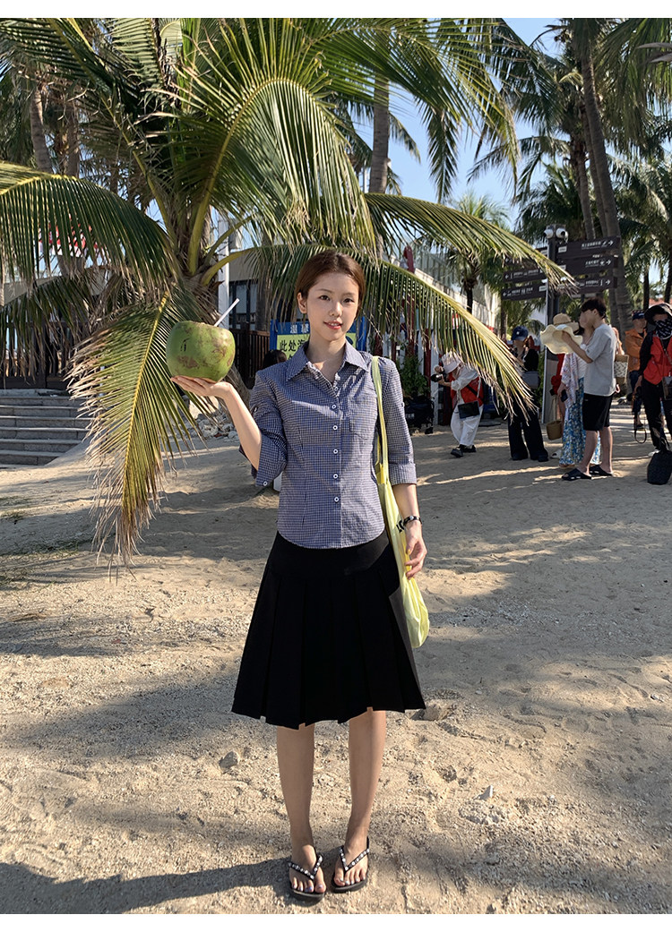 Tuuuh рубашка женская с рукавами три четверти отложным воротником весна-осень корейский стиль повседневная стройнящая универсальная в клетку