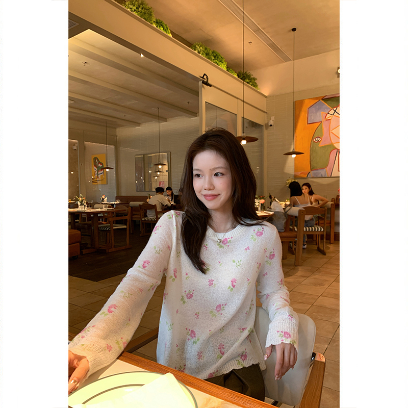 Tuuuh Picture Book【Asano Hanako】Apricot Floral Knitted Wool Blend Round Neck Top for Women Autumn Tuuuh Picture Book【Asano Hanako】Apricot Floral Knitted Wool Blend Round Neck Top for Women Autumn