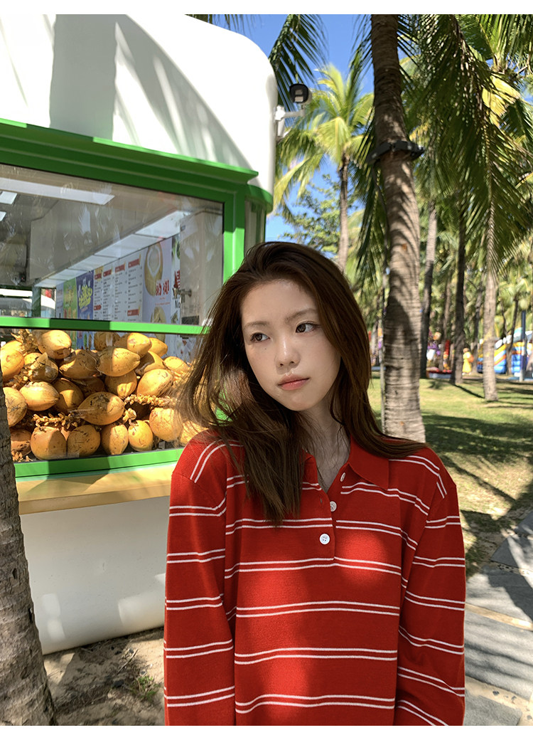 Tuuuh женский красный вязаный свитер с воротником поло в полоску, корейский стиль, винтаж, повседневный, стройнящий