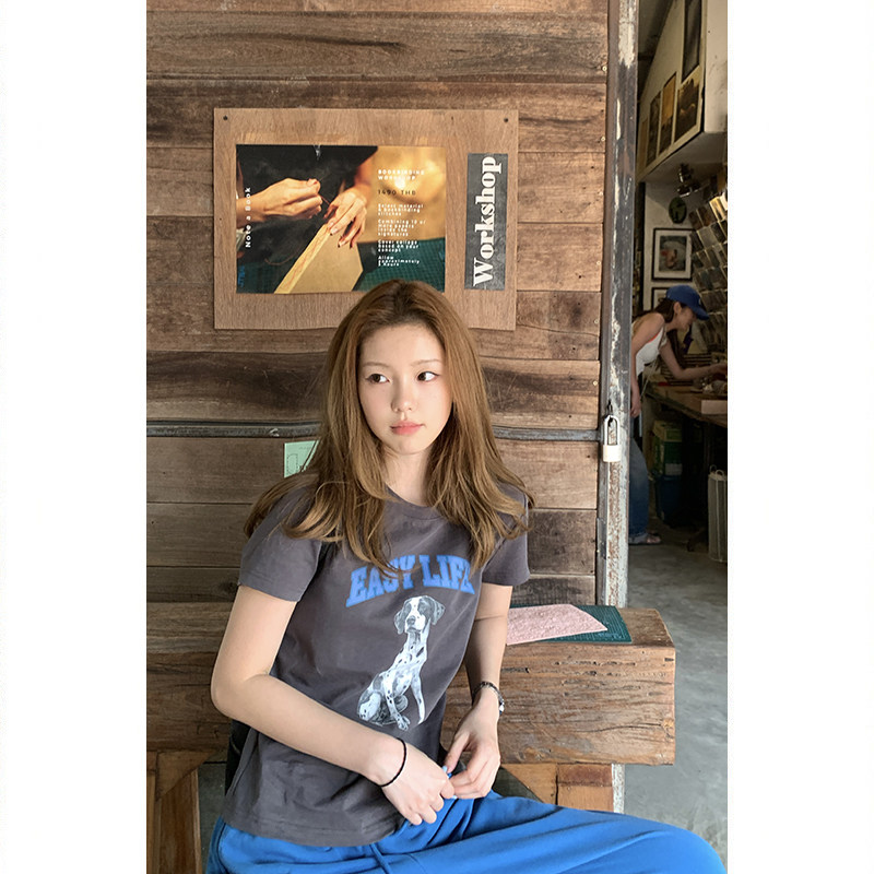 Tuuuh футболка женская с принтом собачки свободная с коротким рукавом 2026 летняя новинка американский ретро стиль