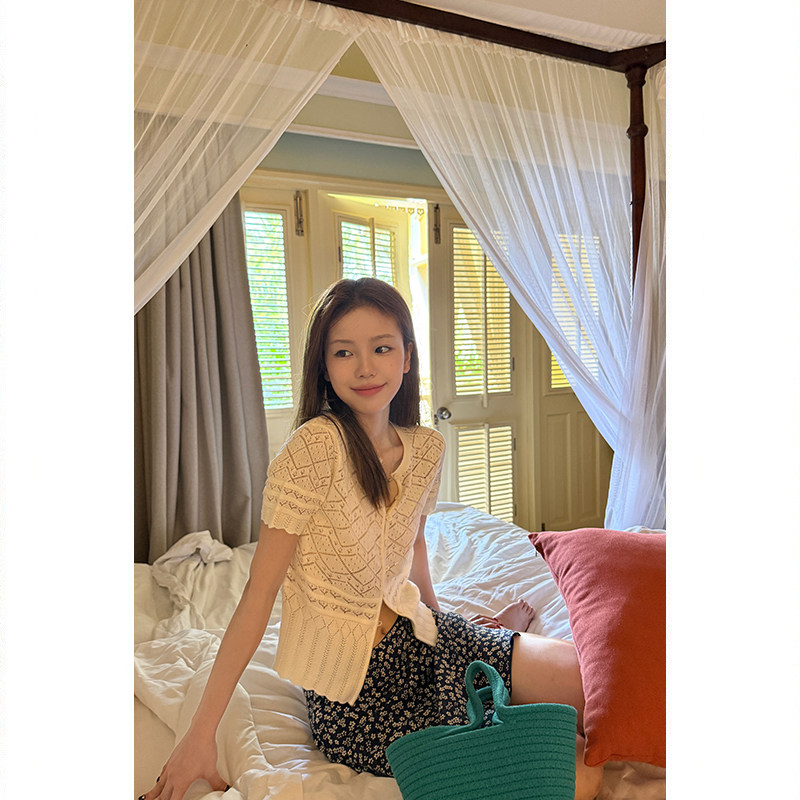 Tuuuh кардиган женский французский вязаный круглый вырез ажурный короткий рукав белая накидка блузка