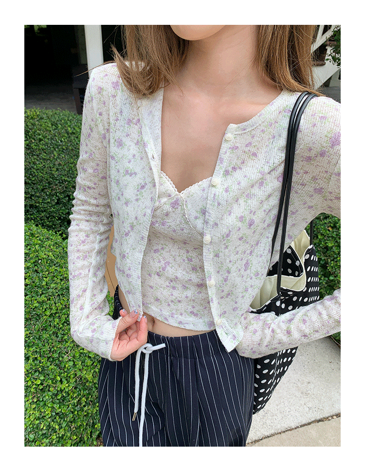 Tuuuh альбом для рисования мелкий цветочный принт круглый вырез кардиган с длинными рукавами женский корейский стиль тонкий короткий топ