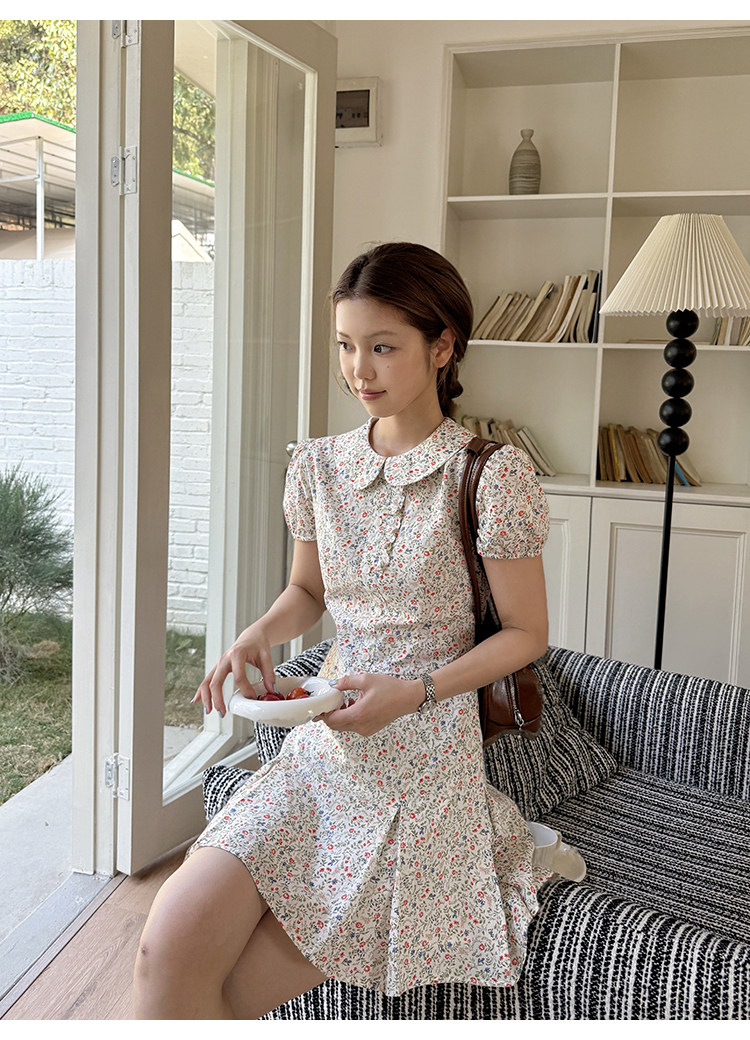 Tuuuh платье с воротником-жабо, рукавами-буфами и цветочным принтом женское весенне-летнее корейский стиль школьный стройнящее милое
