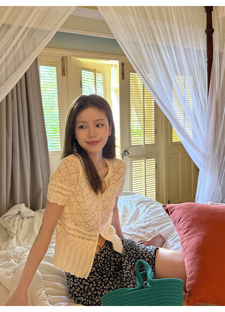 Tuuuh кардиган женский французский вязаный круглый вырез ажурный короткий рукав белая накидка блузка