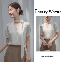 THEORY WHYNO Light luxury French style acetate satin short-sleeved shirt for women summer high-end v-neck top