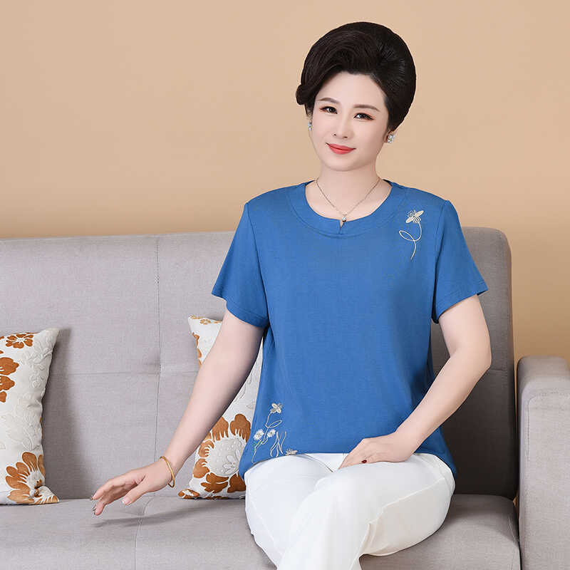 Mom's Summer Short-Sleeved T-Shirt for Middle-Aged and Elderly Women, Large Size Modal Round-Neck Undershirt, Grandma's Embroidered Loose Top Mom's Summer Short-Sleeved T-Shirt for Middle-Aged and Elderly Women, Large Size Modal Round-Neck Undershirt, Grandma's Embroidered Loose Top