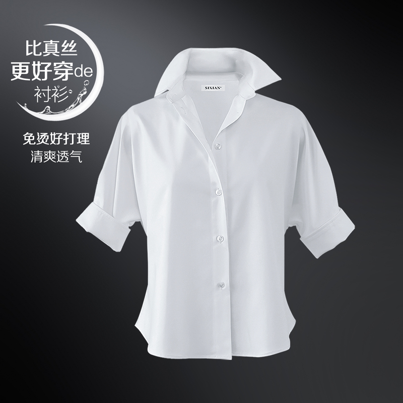 No-Iron Light Luxury Style Blue and White Women's Short-Sleeved Shirt, Commuter Silk Shirt, New Slim Fit for Petite Women