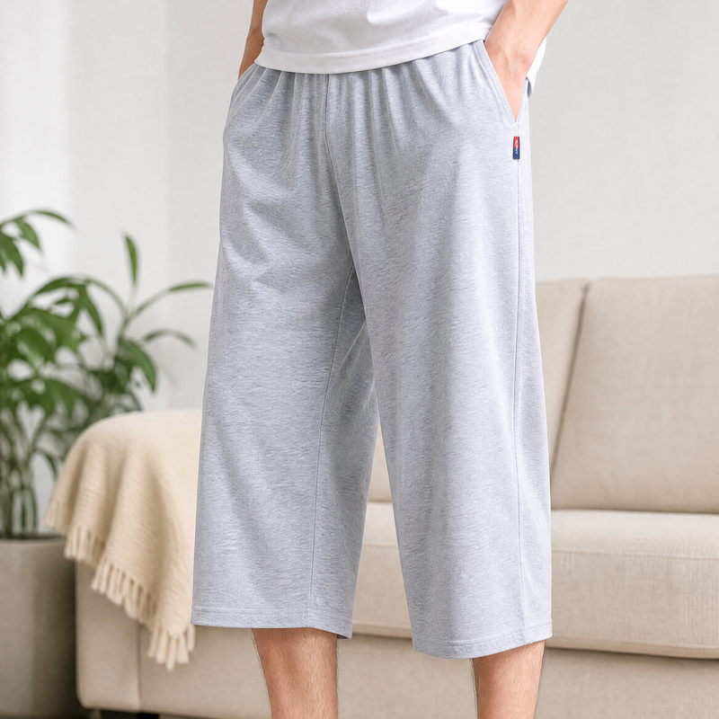 100% Pure Cotton Men's Cropped Pants, Thin Pajama Pants, Suitable for Wearing at Home or Outside, Loose Fit, Large Size, Summer Shorts, All-Cotton Men's Style