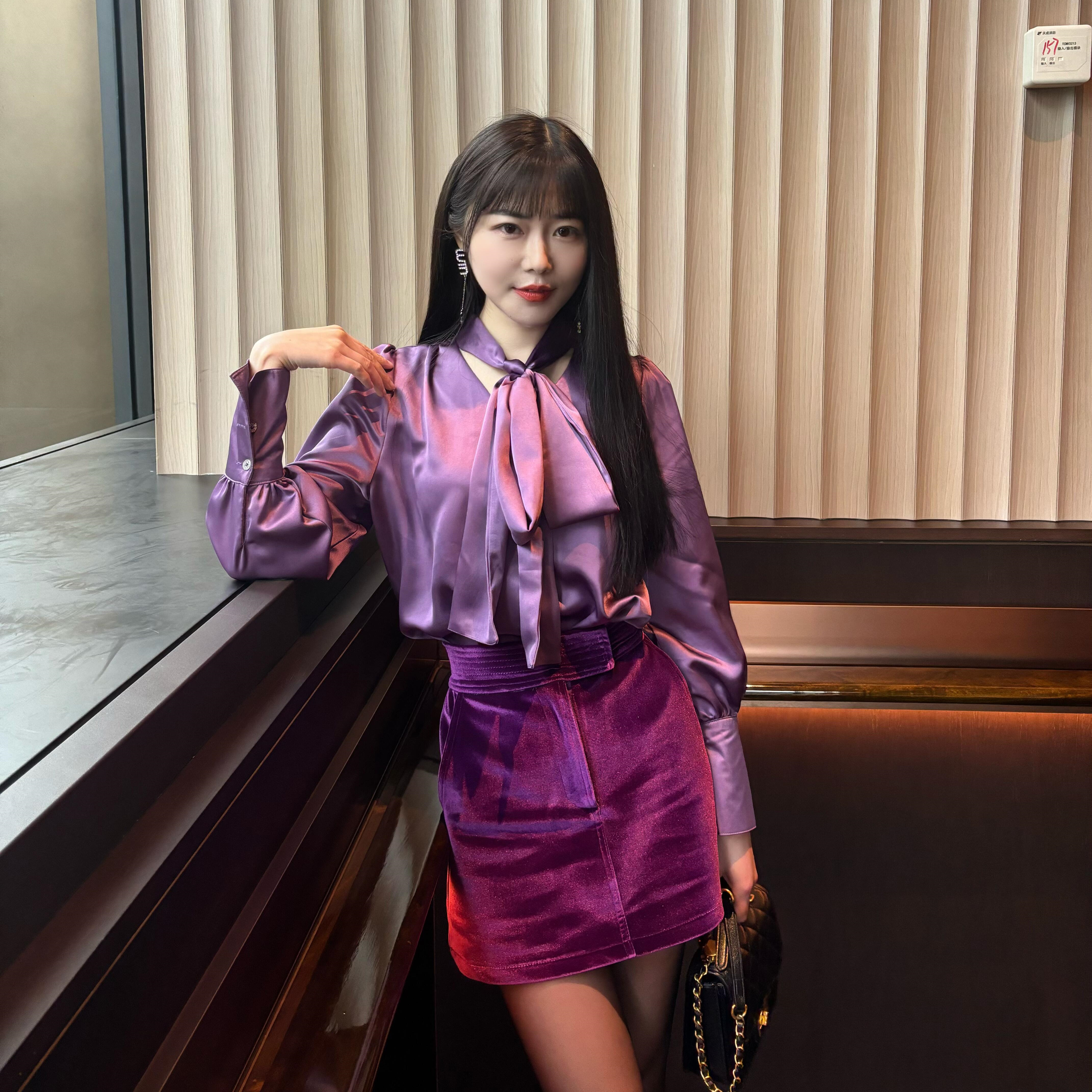 紫色衬衫女春夏季设计感飘带V领衬衣+高腰显瘦半身裙御姐风一整套-淘宝Taobao | 天猫Tmall