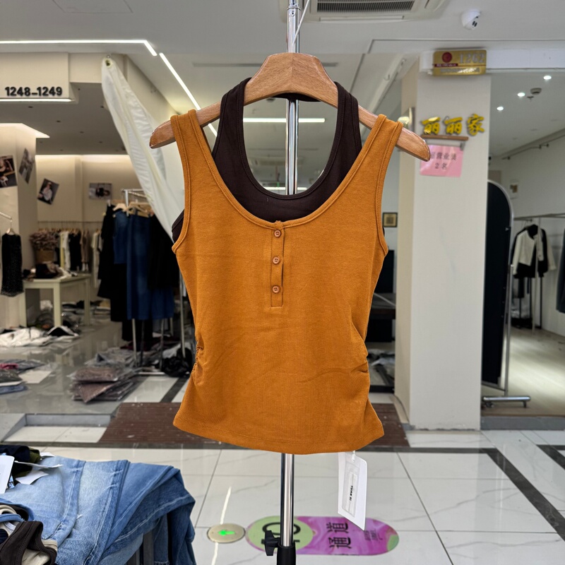 Yuanxi 266360 Faux Two-Piece Halter Neck Tank Top for Women, Early Autumn Style, Orange Sleeveless Inner Wear, Outer Wear, Elegant and Age-Reducing Top