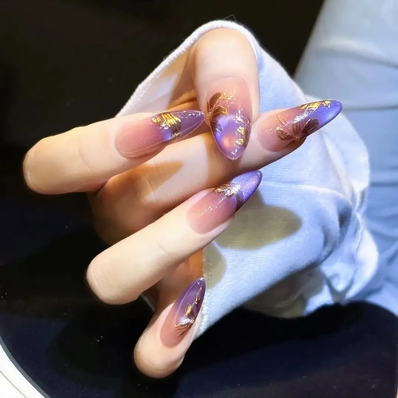 〖Classic Model〗 Purple Cat's Eye Gold-Plated Hand-Painted Floral Gold Marquise Zircon Nail Stickers