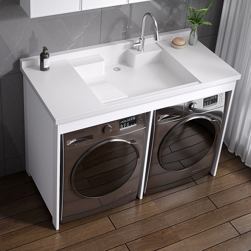 Balcony double washing machine integrated cabinet with washboard combination space aluminum washing machine cabinet laundry pool with dryer customization